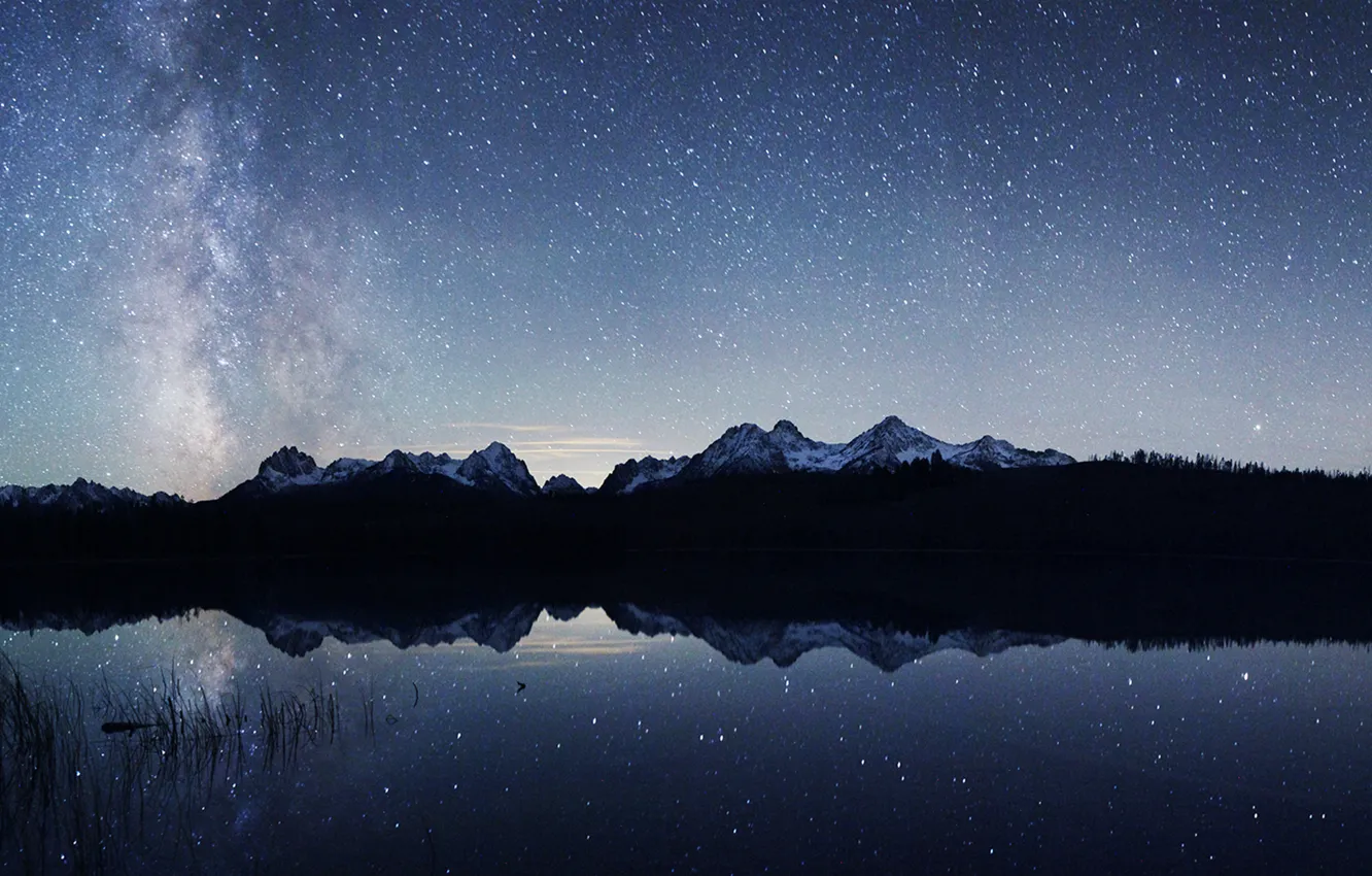 Photo wallpaper space, stars, mountains, lake, reflection, mirror, The Milky Way, secrets
