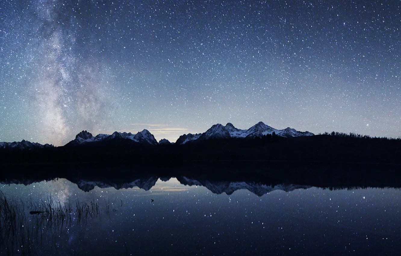 Photo wallpaper space, stars, mountains, lake, reflection, mirror, the milky way, secrets