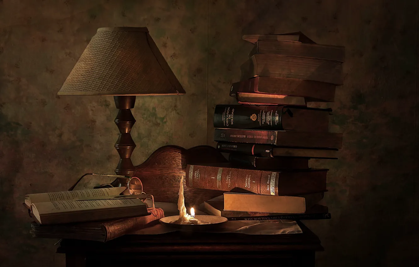 Photo wallpaper books, lamp, still life