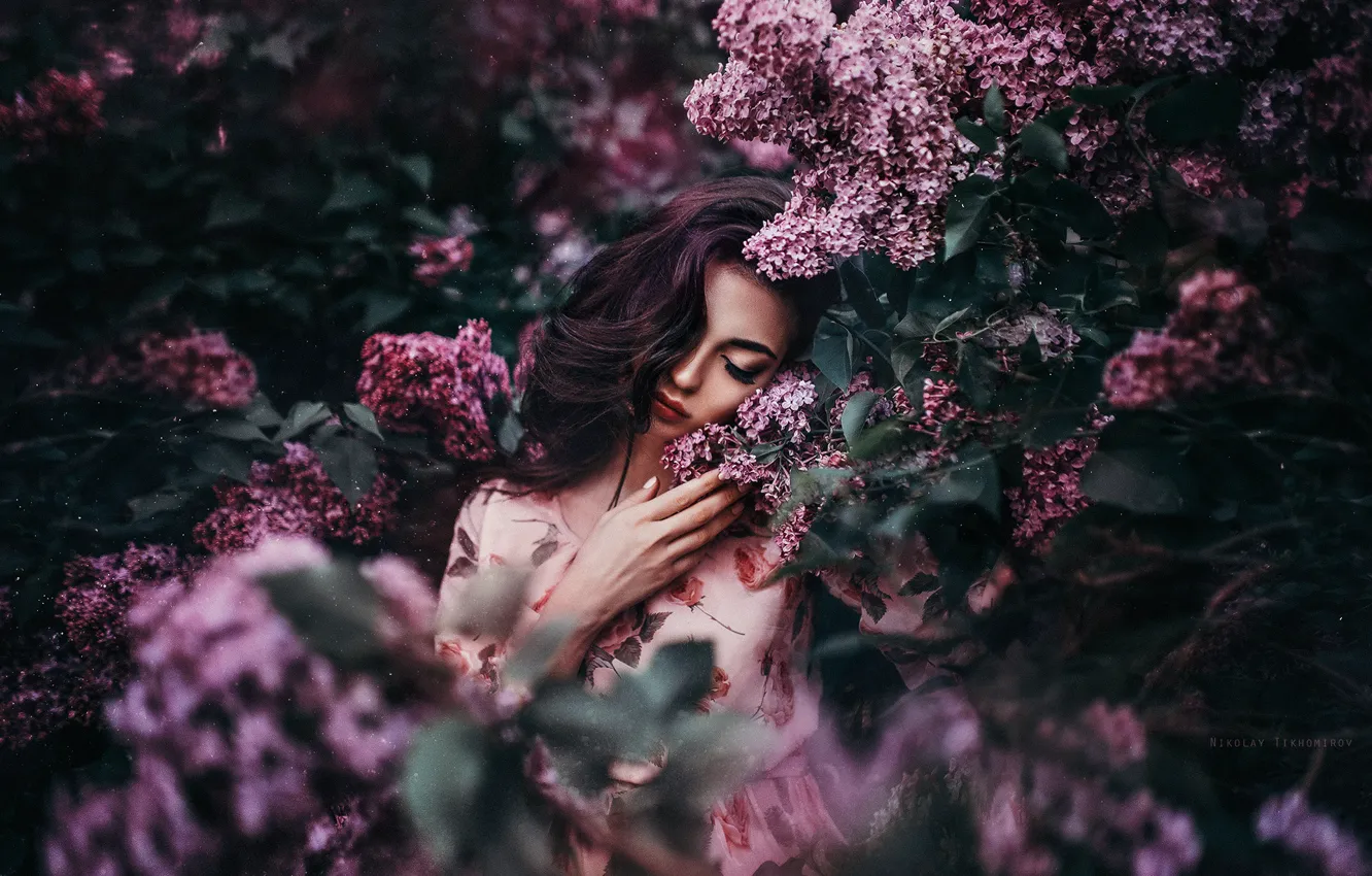 Photo wallpaper girl, mood, lilac, Nikolay Tikhomirov, the lilac Bush