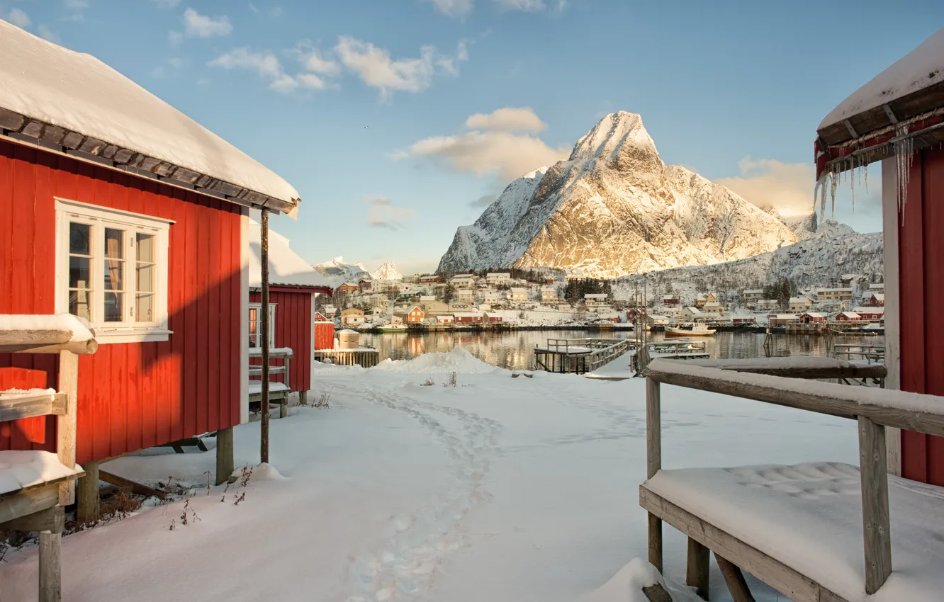 Photo wallpaper winter, sea, the sky, snow, house, mountain, Norway