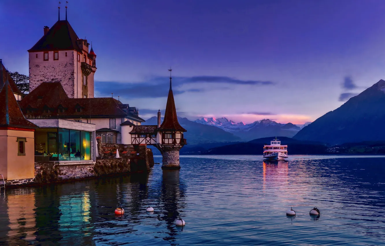 Photo wallpaper sunset, mountains, lake, castle, Switzerland, Alps, Switzerland, ship