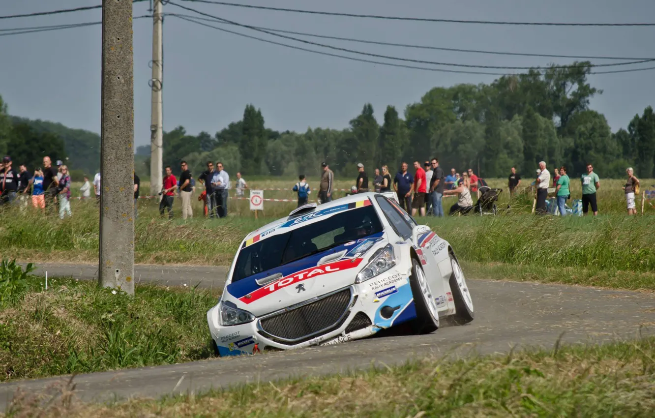 Photo wallpaper road, grass, asphalt, trees, post, turn, rally, Peugeot