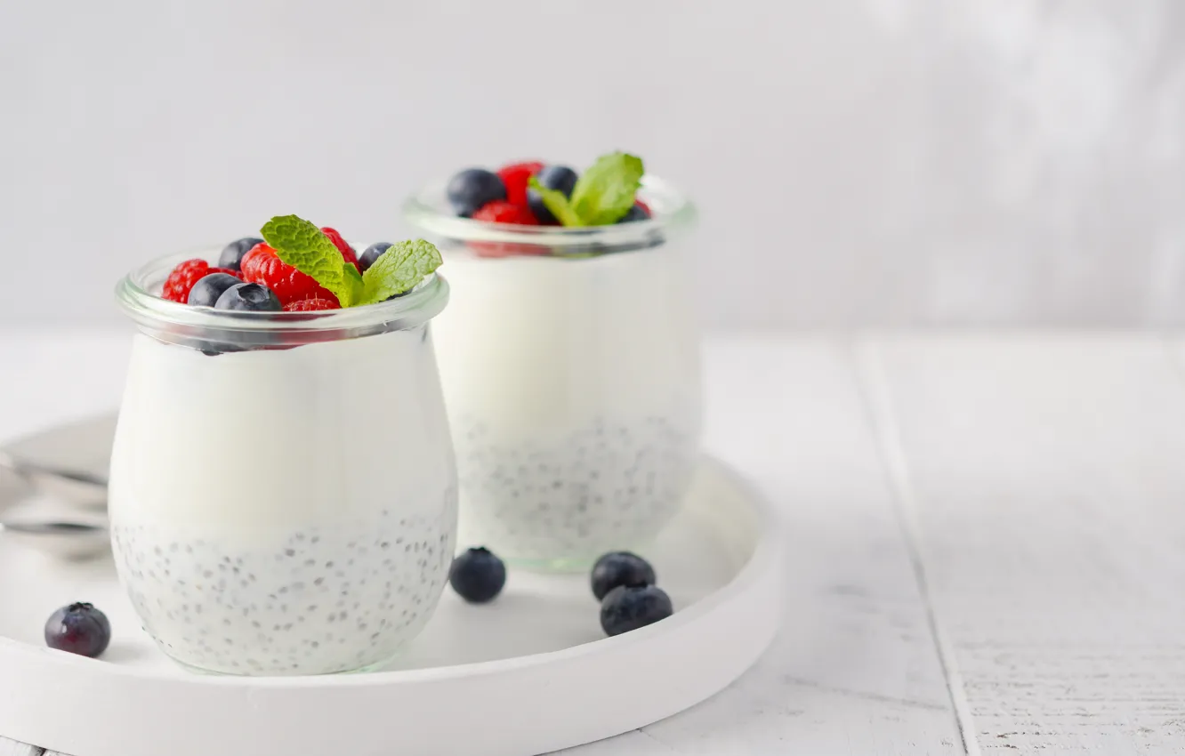 Photo wallpaper jars, tray, berries, Chia, pudding