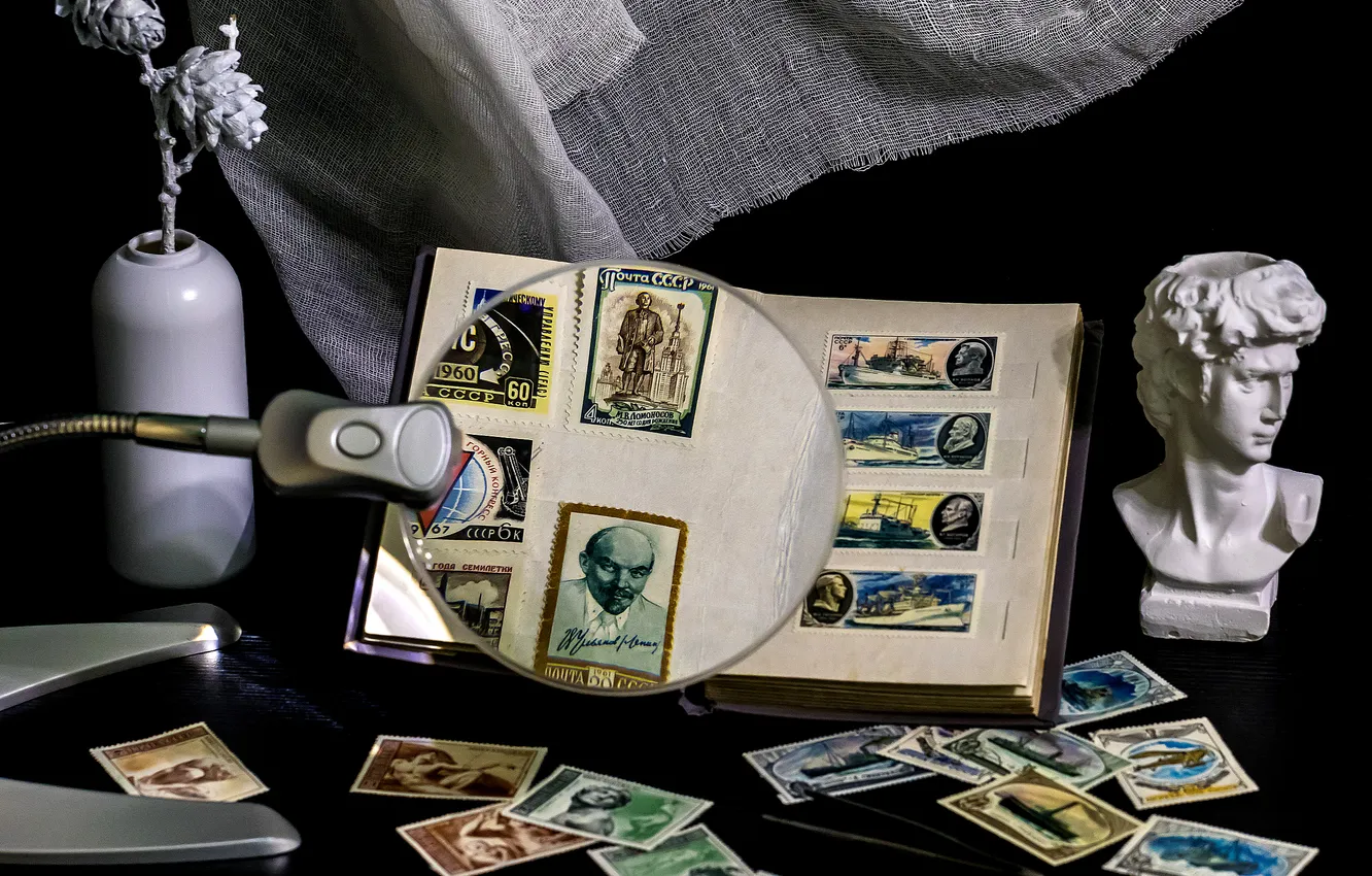 Photo wallpaper Collection, stamps, magnifying glasses