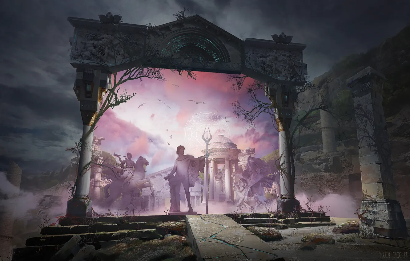 Photo wallpaper mountains, arch, columns, stage, Temple of Delphi