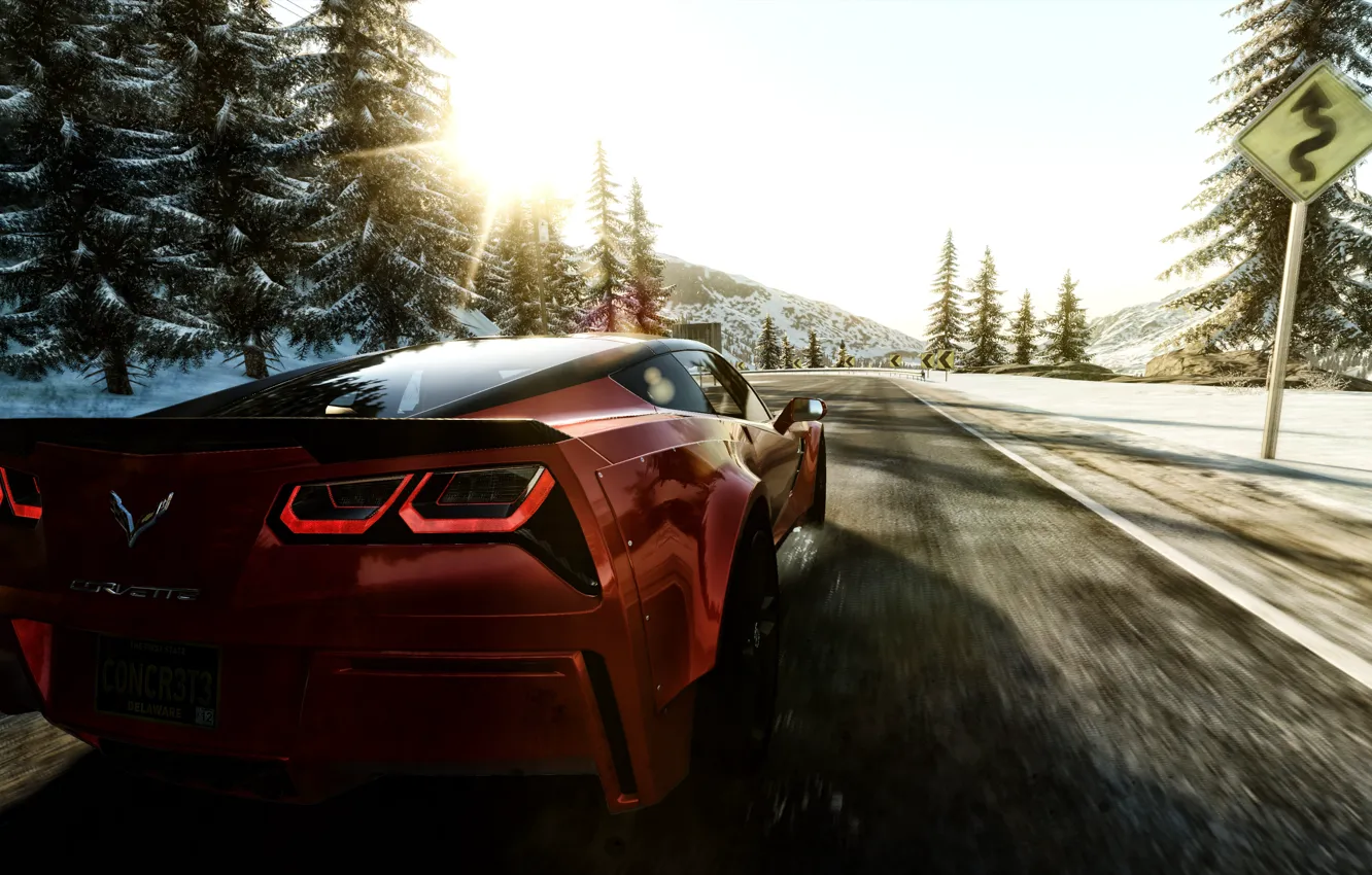 Photo wallpaper winter, road, forest, the sun, snow, mountains, reflection, dawn