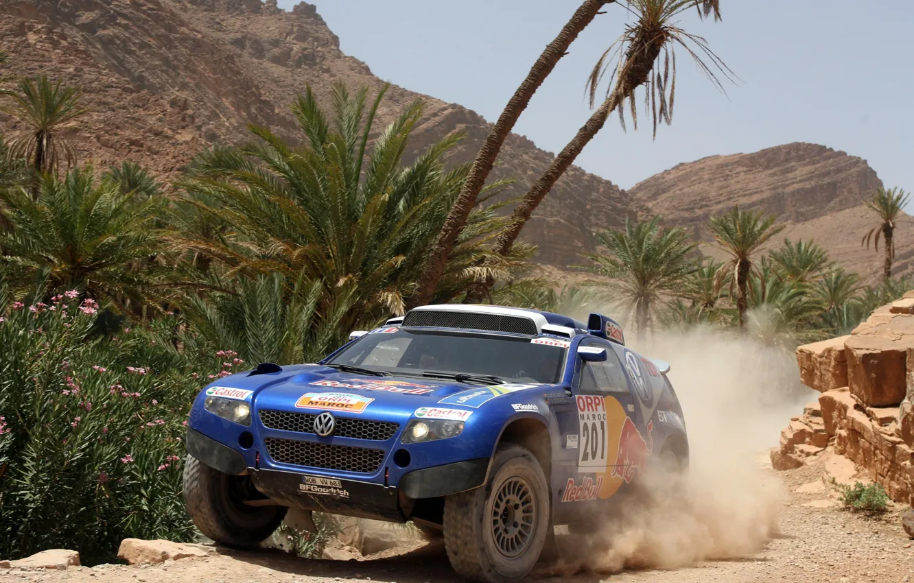 Photo wallpaper palm trees, rocks, Volkswagen, Touareg Race