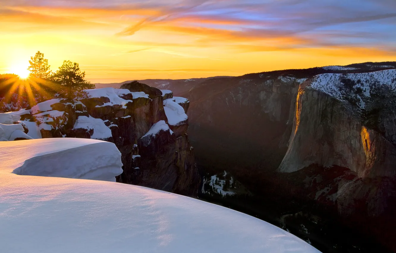 Photo wallpaper winter, the sky, the sun, clouds, rays, light, snow, sunset