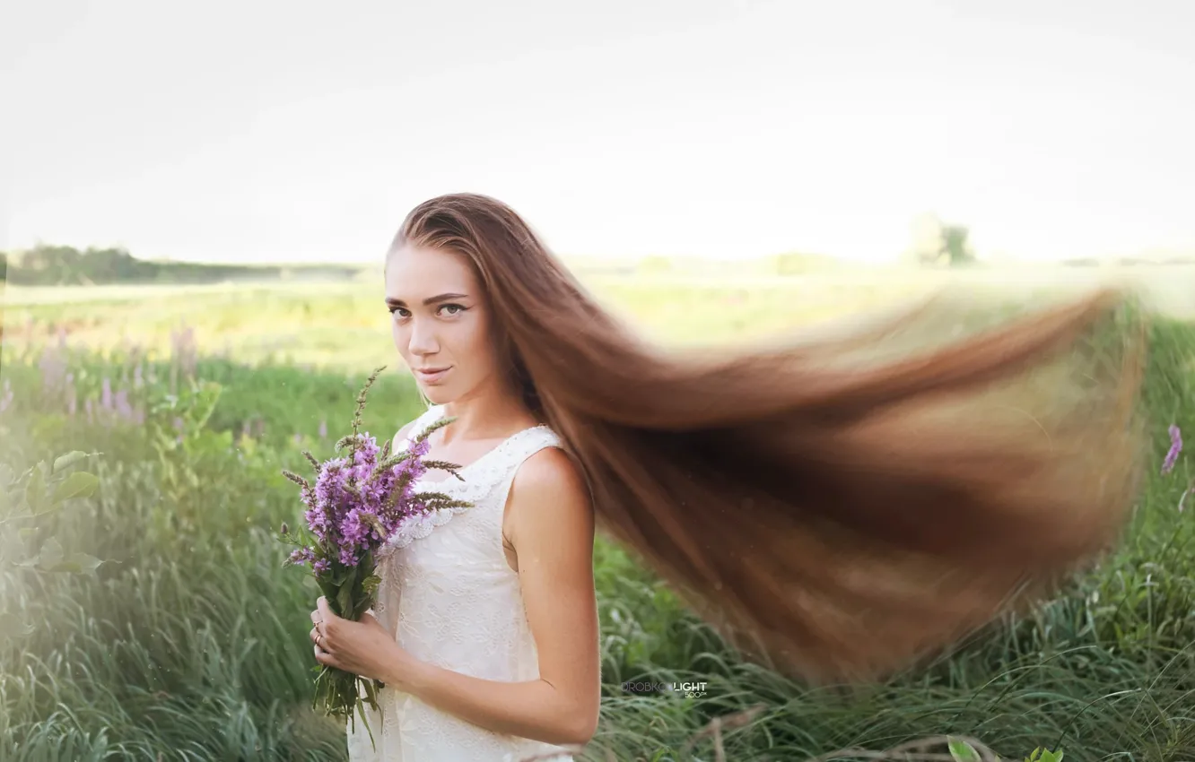 Photo wallpaper grass, look, girl, flowers, nature, hair, Alexander Drobkov-Light, Angelica Zavarzin