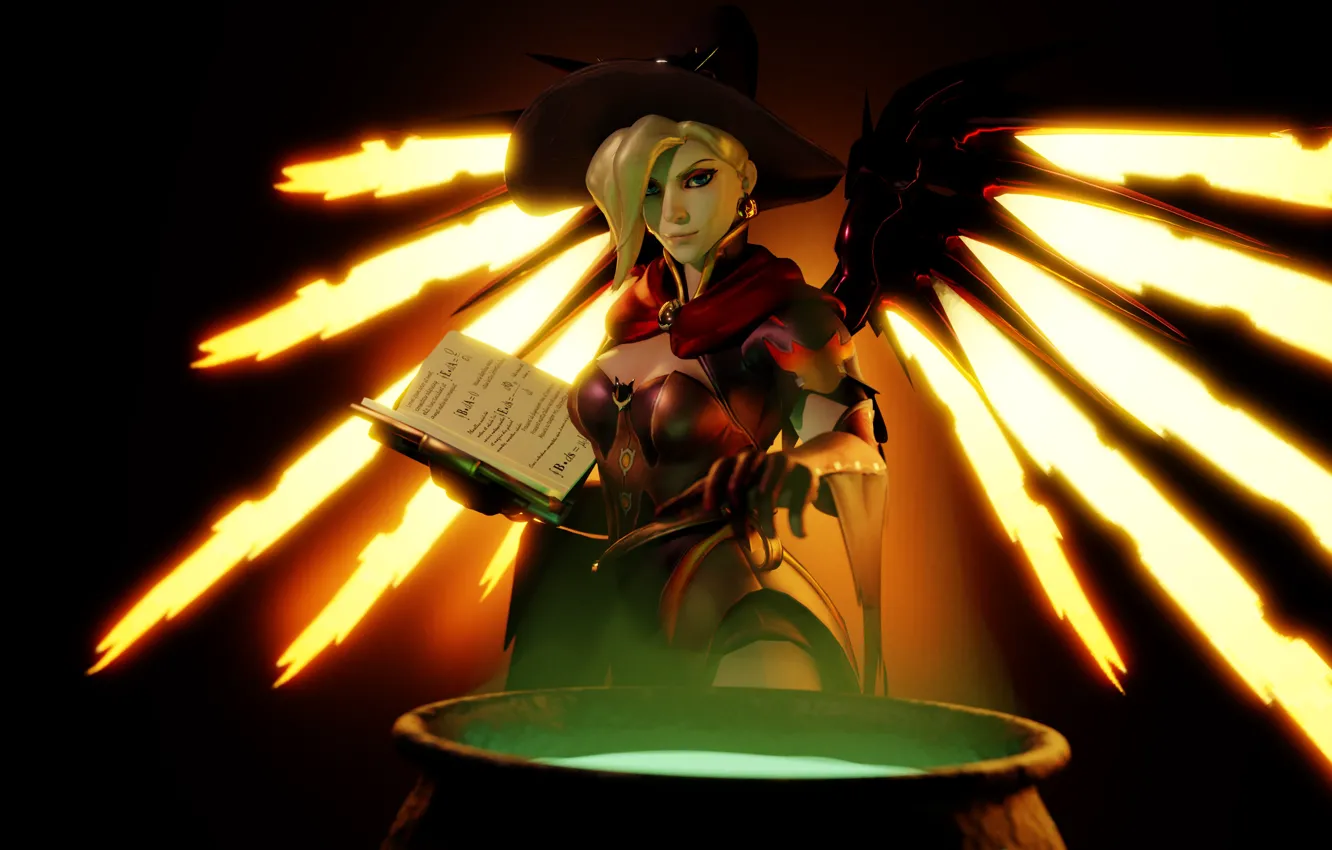 Photo wallpaper girl, wings, hat, book, witch, Chan, medic, Overwatch