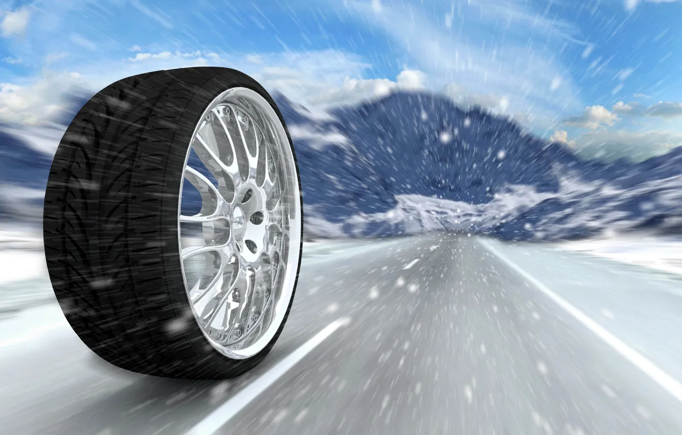 Photo wallpaper road, mountains, abstraction, markup, winter, wheel, art, tires