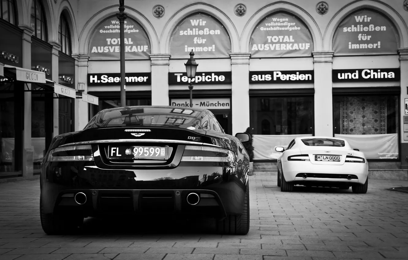 Photo wallpaper white, Aston Martin, black, the building, Aston Martin, white, black, db9