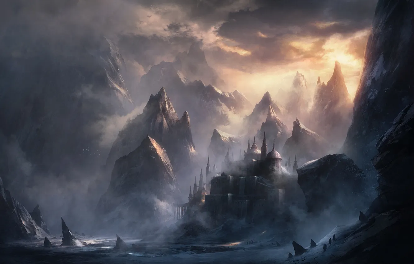 Photo wallpaper sea, clouds, mountains, the city, fog, rocks, art, Pesa