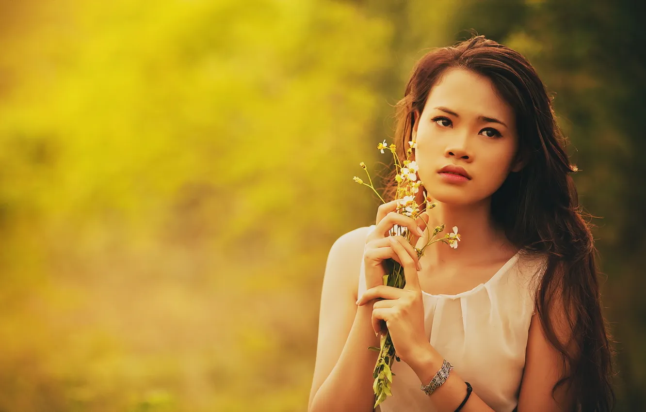 Photo wallpaper girl, flowers, Asian