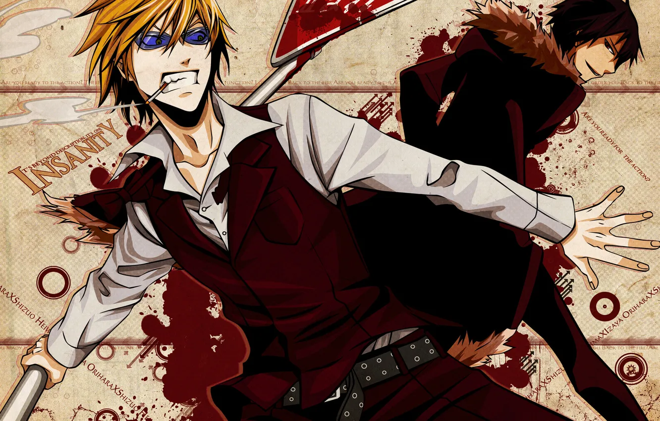 Photo wallpaper night, glasses, cigarette, road sign, Durarara, Izaya Orihara, Shizuo Heiwajima