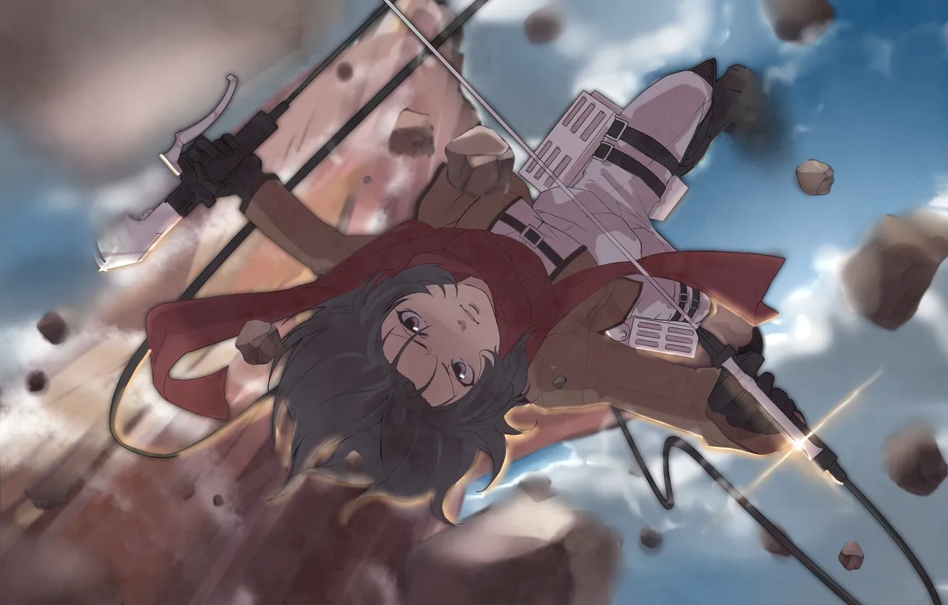 Photo wallpaper look, girl, katana, whip, Shingeki no Kyojin, Mikasa Ackerman