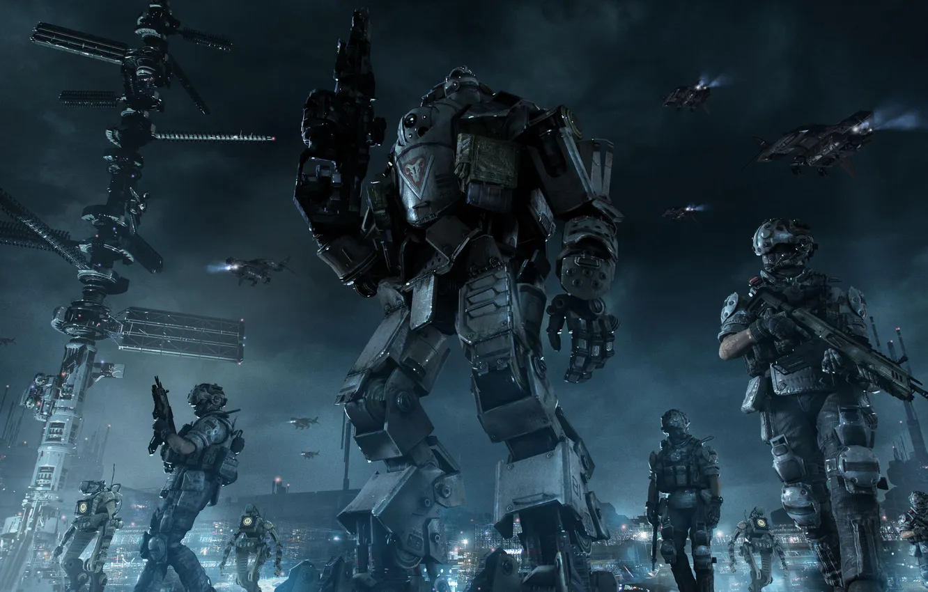 Photo wallpaper night, weapons, robot, soldiers, spaceships, Titanfall