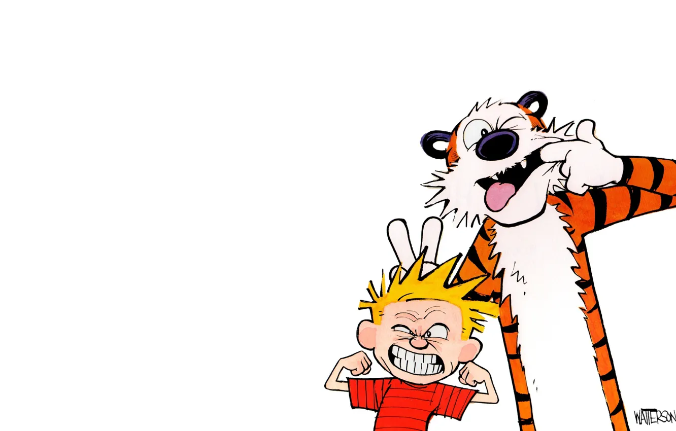 Photo wallpaper tiger, emotions, child, boy, comic, smiley, emotion, Calvin and Hobbes