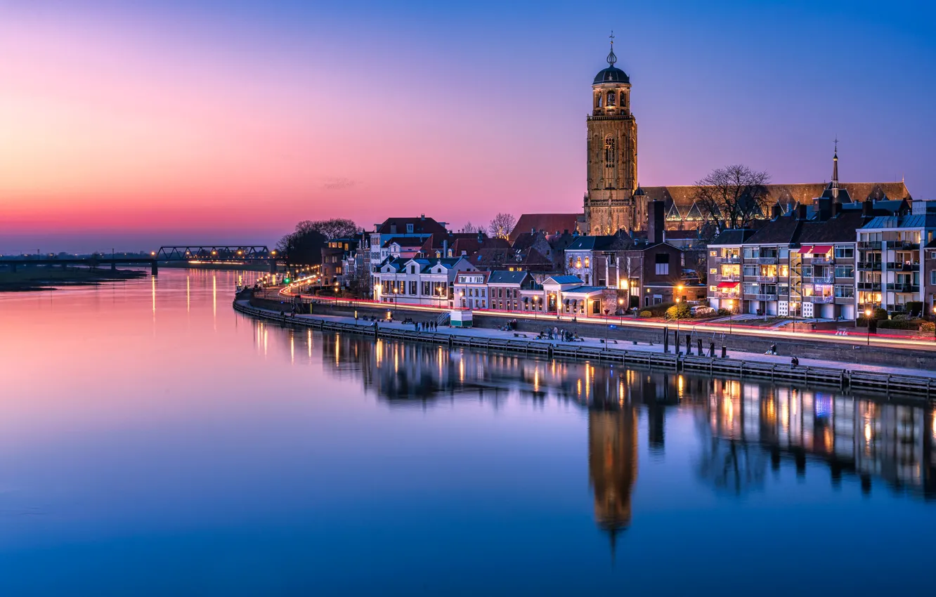 Photo wallpaper sunset, reflection, river, building, home, the evening, Church, Netherlands