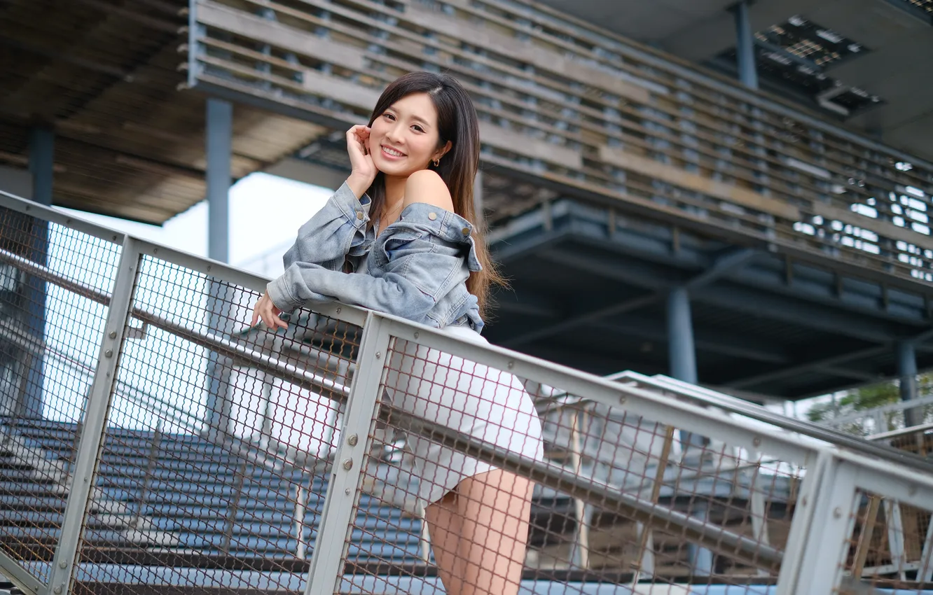Photo wallpaper girl, pose, smile, dress, jacket, Asian