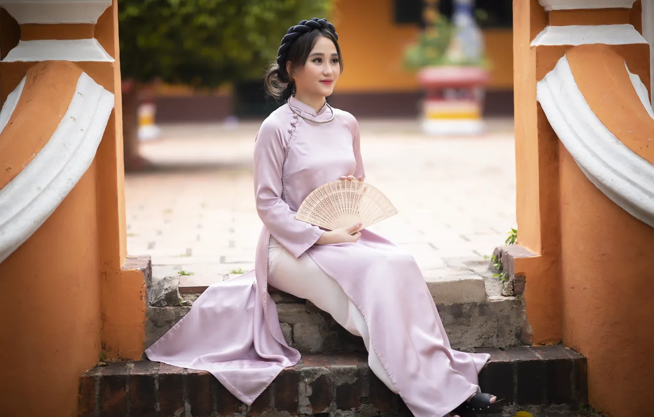 Photo wallpaper girl, nature, fan, Asian, sitting