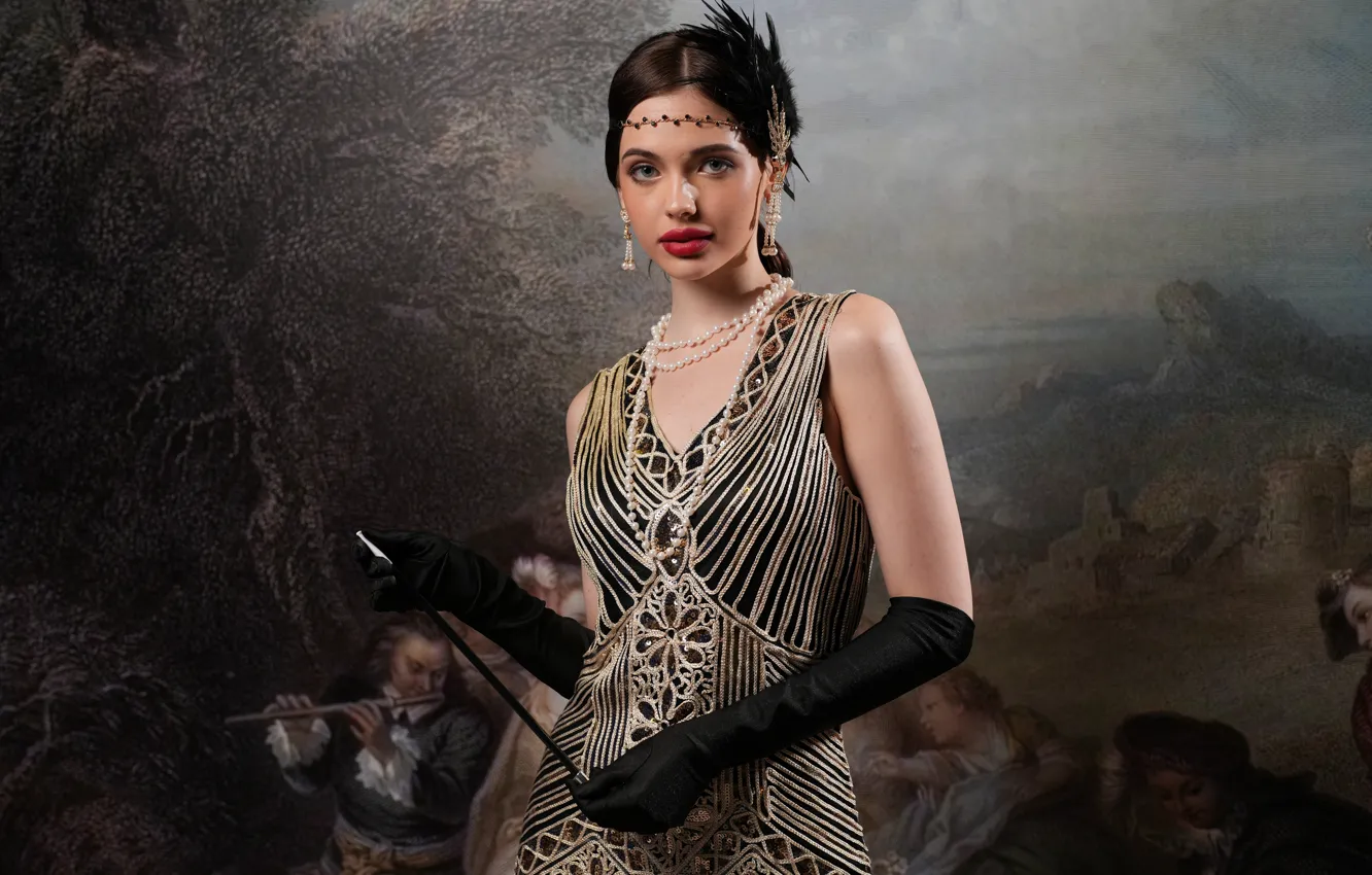 Photo wallpaper look, girl, dress, gloves, retro style
