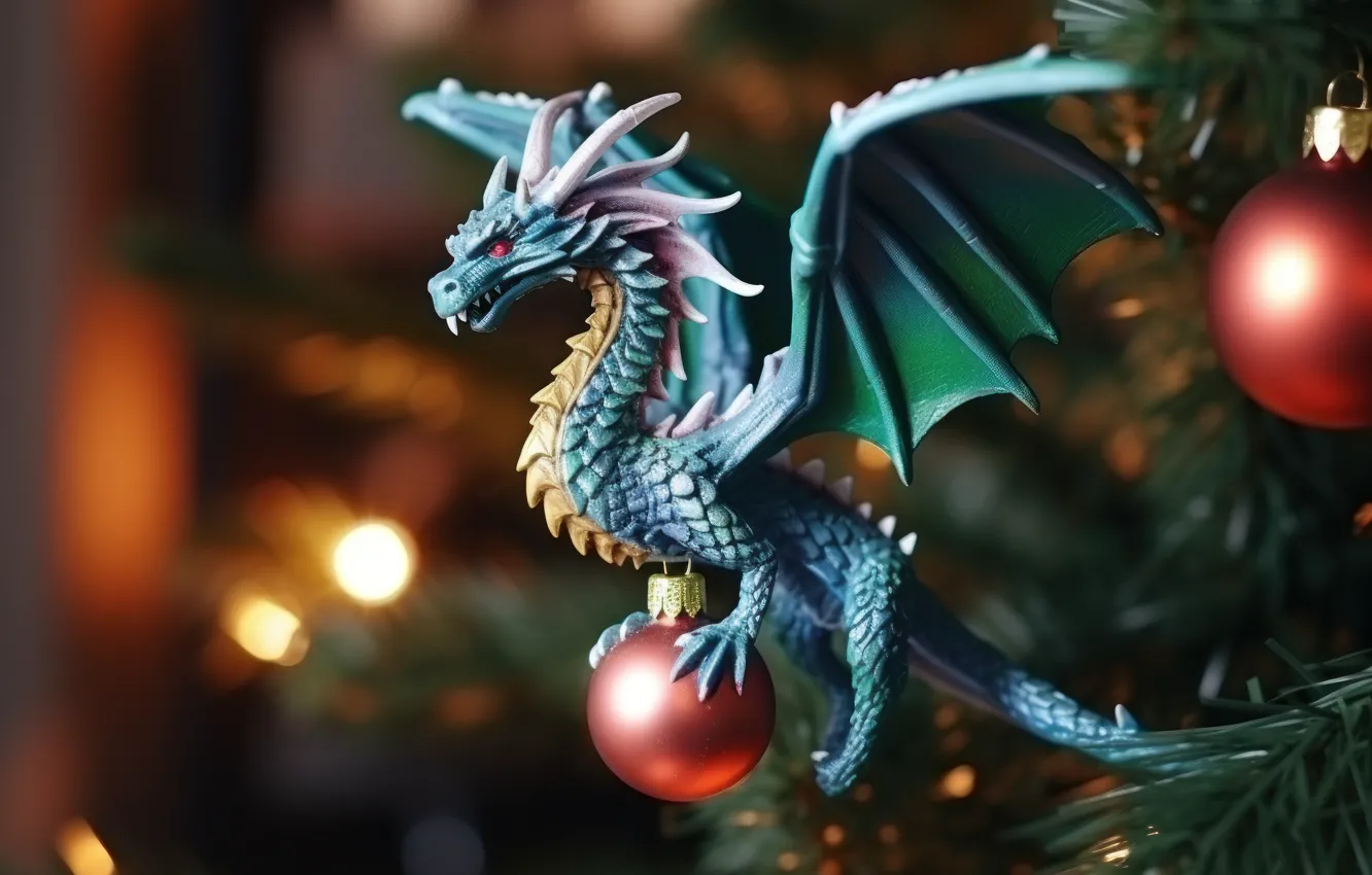 Photo wallpaper branches, dragon, toy, new year, lights, herringbone, needles, dragon