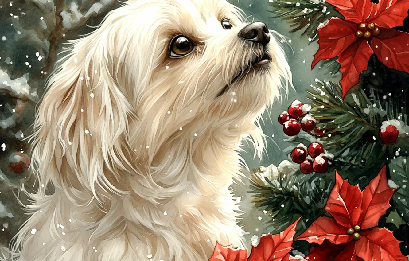 Photo wallpaper winter, white, snow, flowers, red, berries, new year, dog