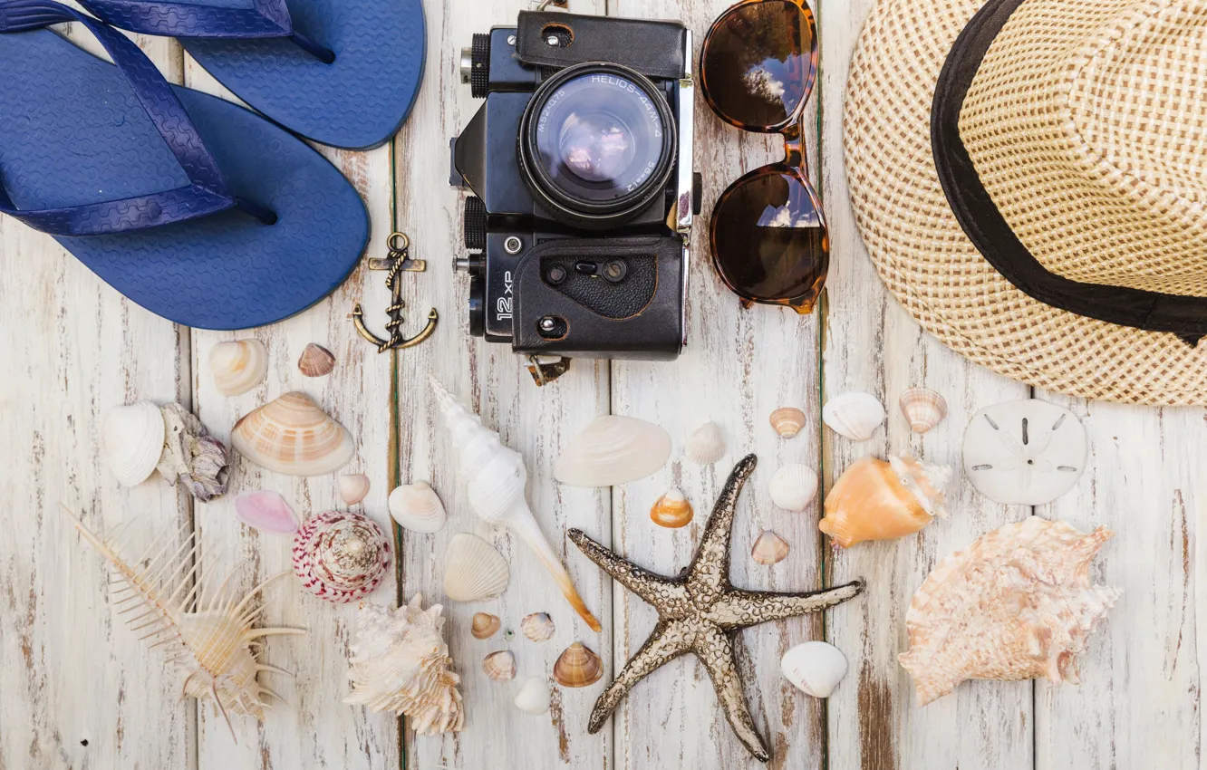 Photo wallpaper sea, summer, shell, glasses, the camera, slates, accessories