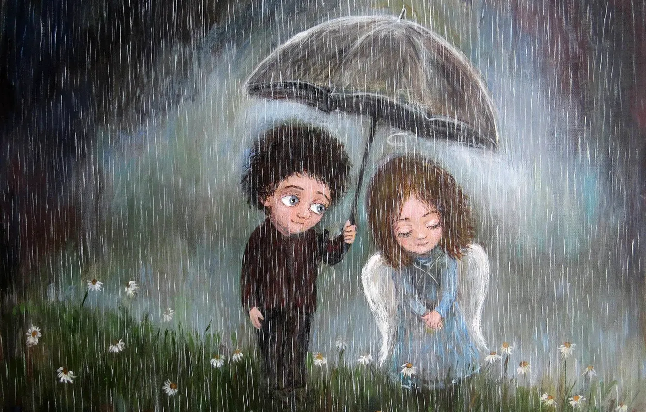 Photo wallpaper umbrella, rain, mood, boy, art, pair, girl, feeling