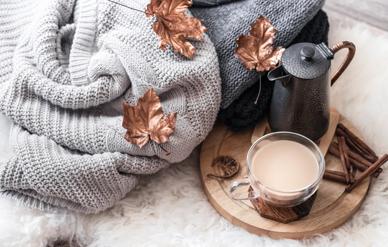 Photo wallpaper autumn, leaves, wool, autumn, leaves, sweater, coffee cup, a Cup of coffee