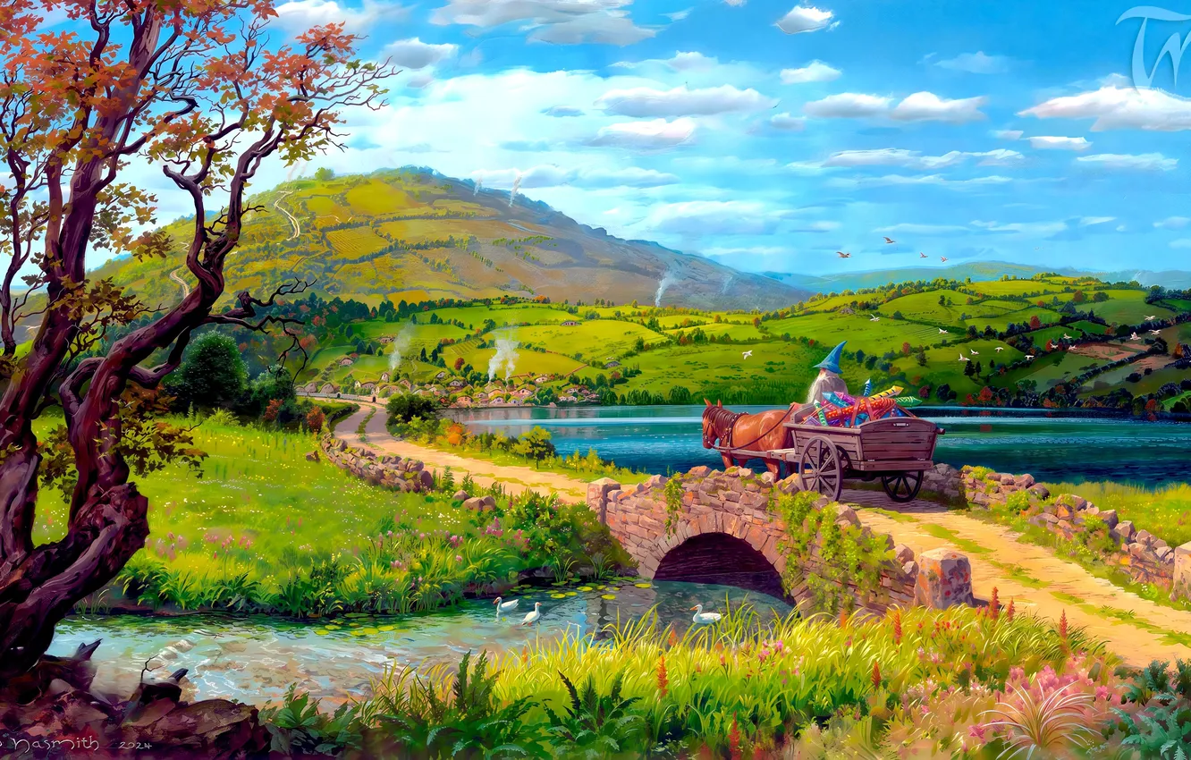 Photo wallpaper fantasy, road, river, sky, trees, animals, landscape, nature