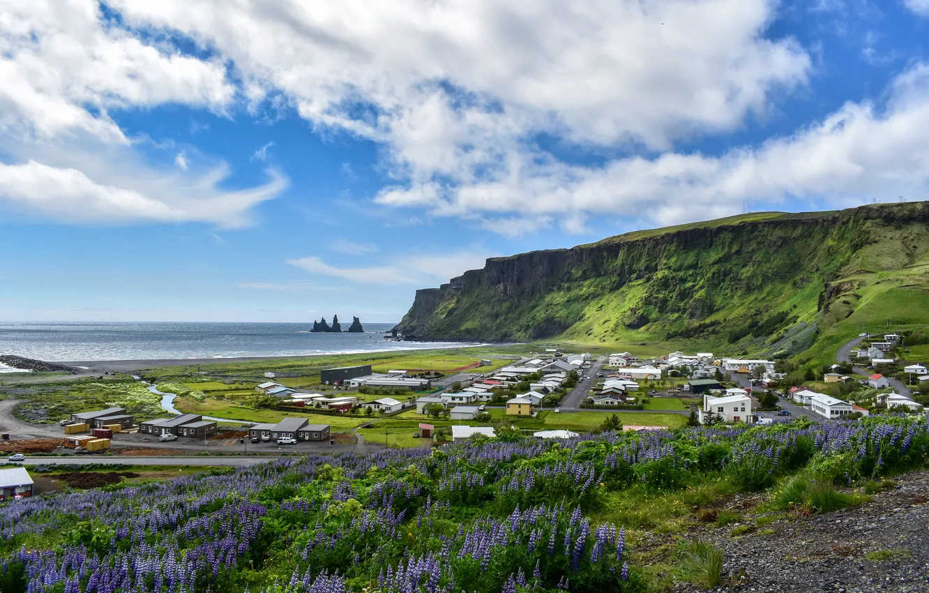 Photo wallpaper sea, flowers, mountains, rocks, shore, home, village, house