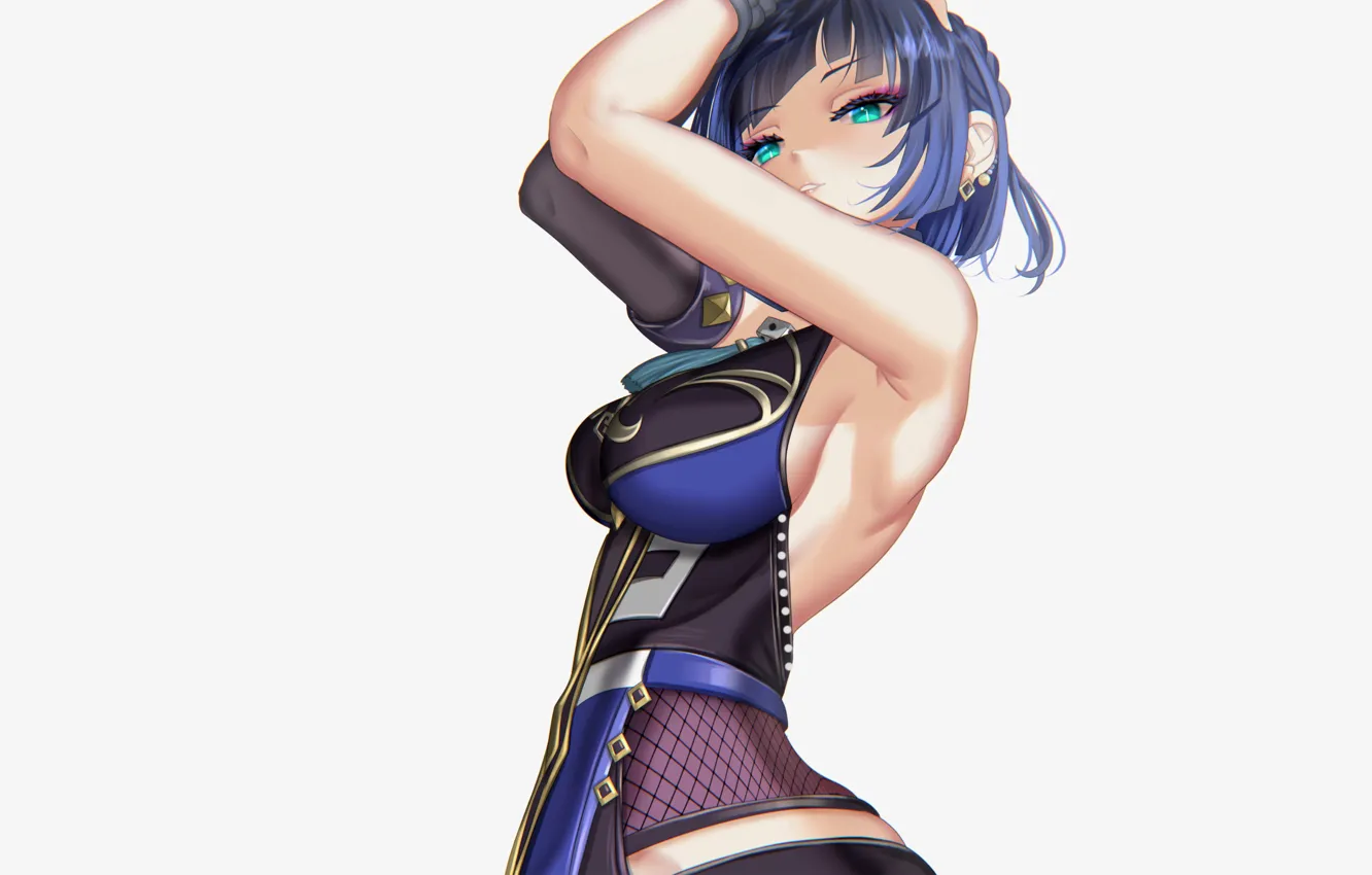 Photo wallpaper girl, hot, sexy, blue, anime, short hair, babe, armpit