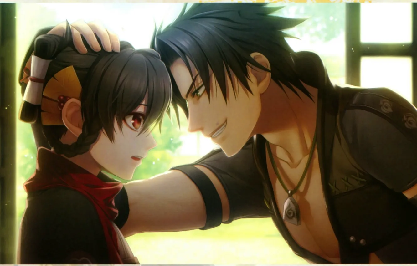 Photo wallpaper hand, hairstyle, amulet, two, grin, face-to-face, bangs, visual novel