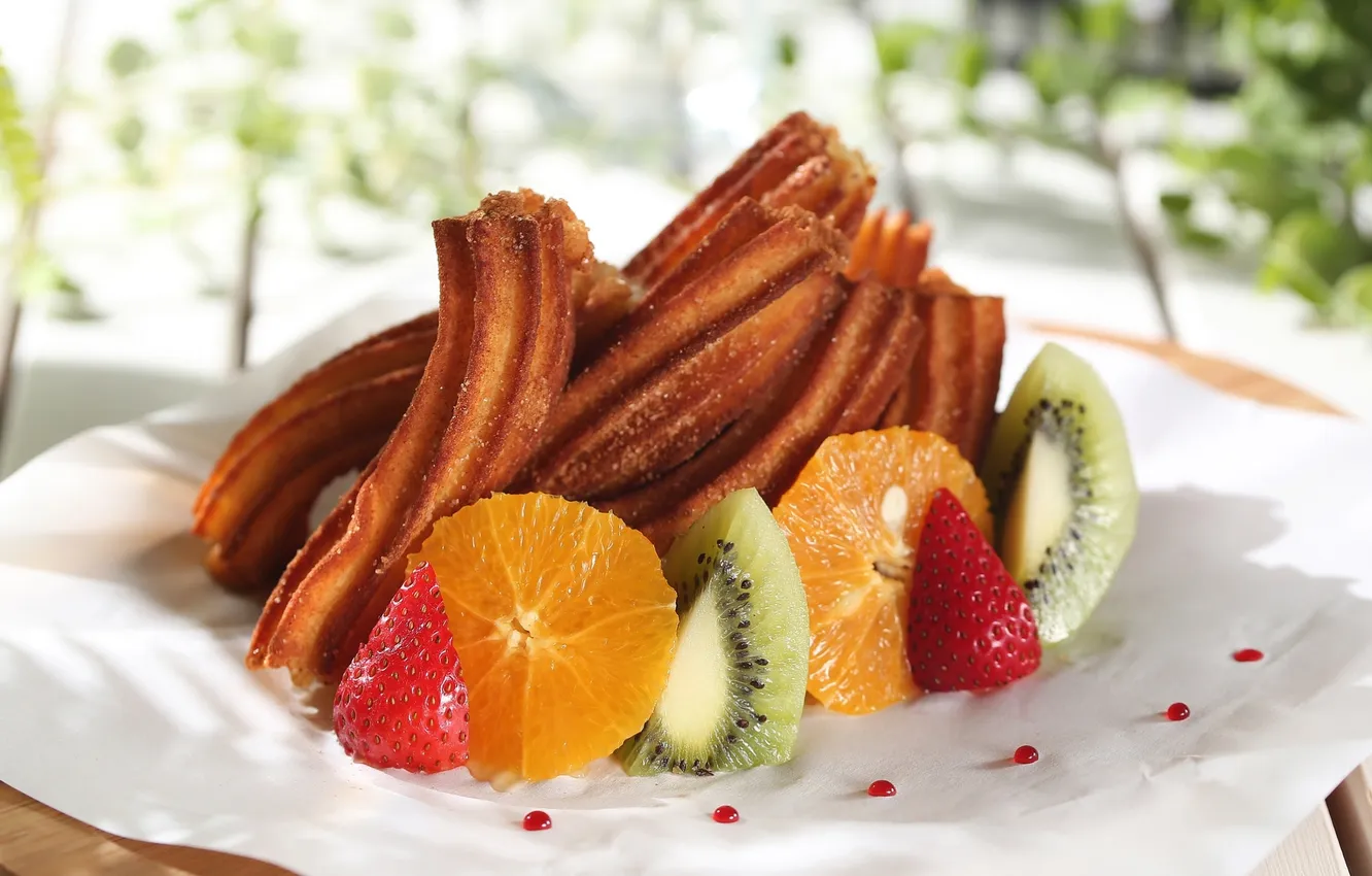 Photo wallpaper orange, kiwi, strawberry, sweets, cake, fruit