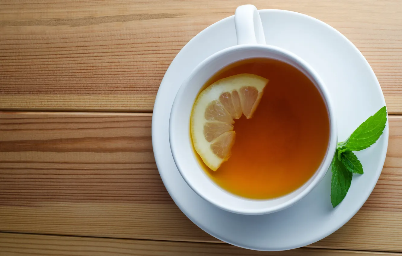 Photo wallpaper lemon, tea, Cup, drink, mint, saucer