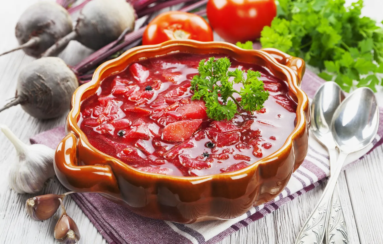 Photo wallpaper greens, tomatoes, soup, garlic, beets