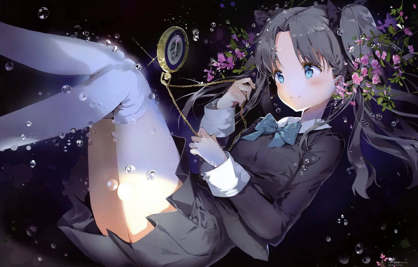 Photo wallpaper bubbles, blue eyes, bells, lying on her back, white stockings, Rin Toosaka, pocket watch, Fate …