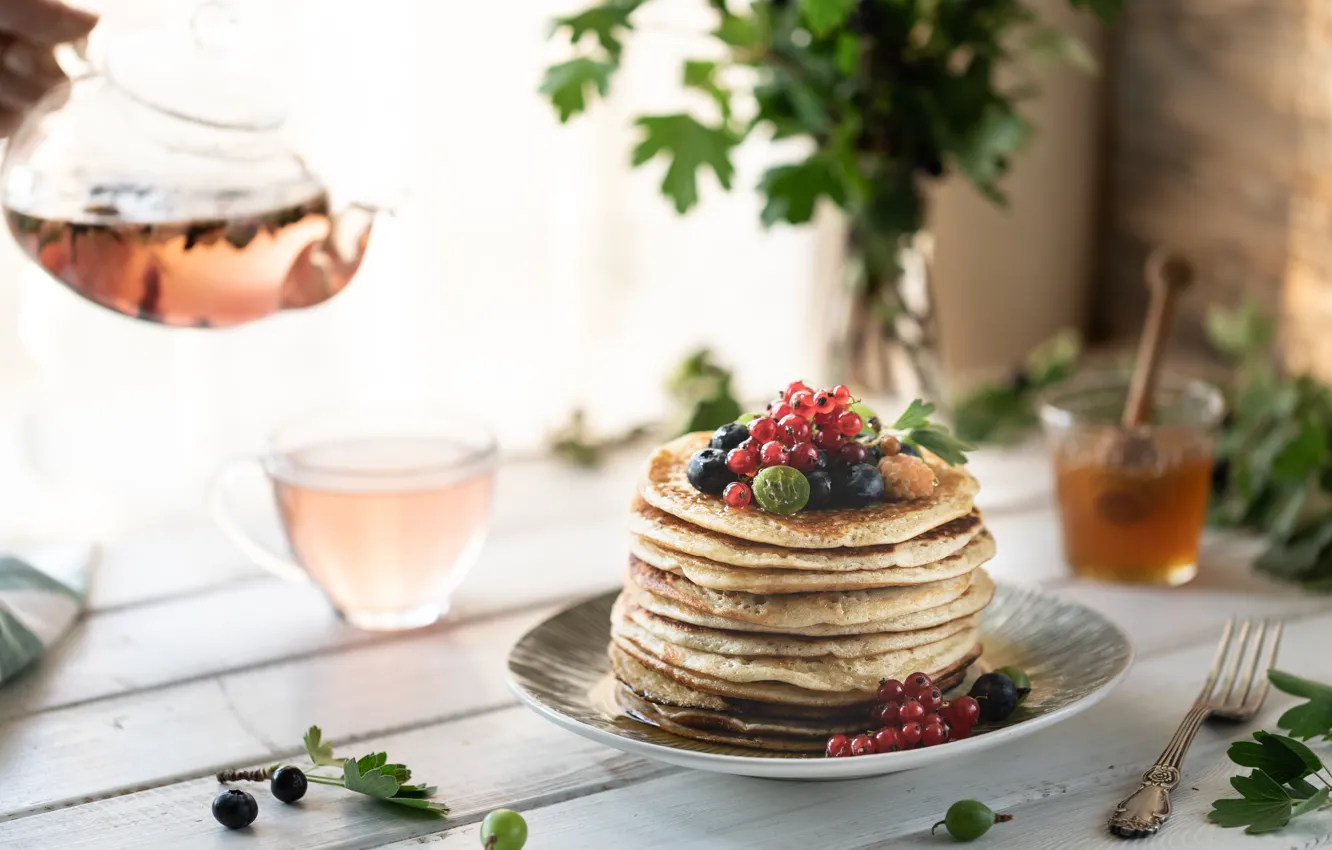 Photo wallpaper berries, raspberry, tea, honey, plate, currants, pancakes, Karina Klachuk
