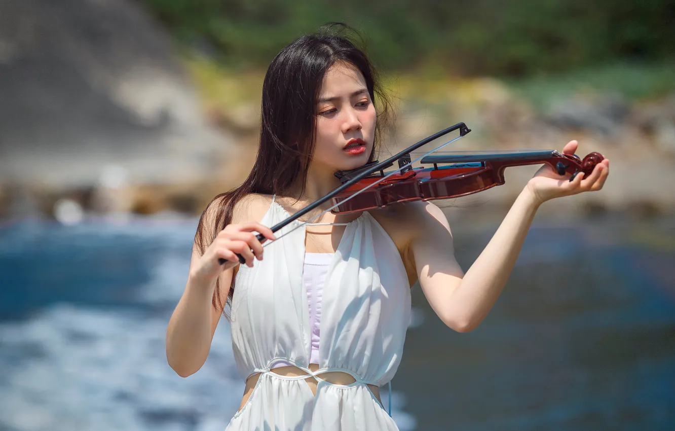 Photo wallpaper girl, violin, Asian, plays