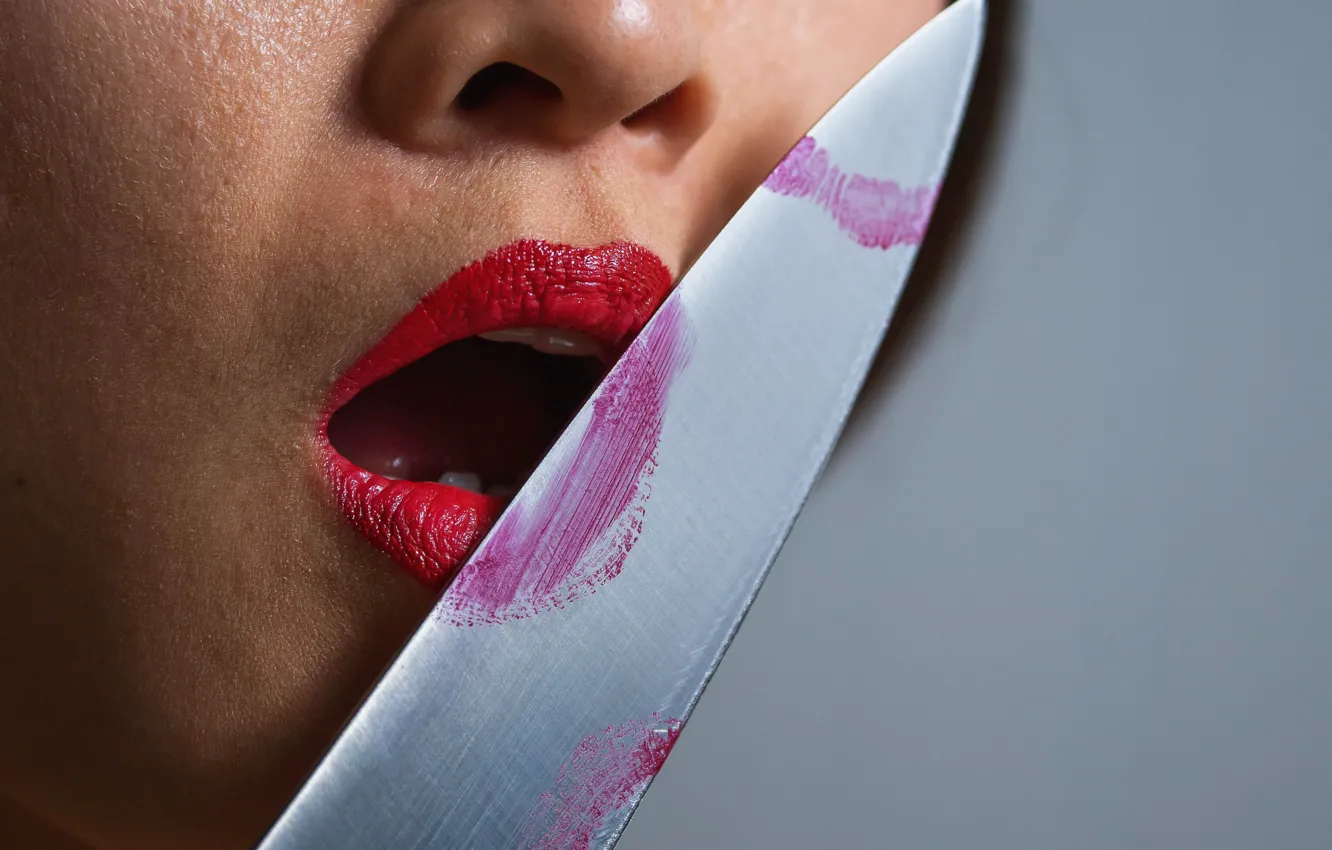 Photo wallpaper girl, face, lipstick, lips, knife