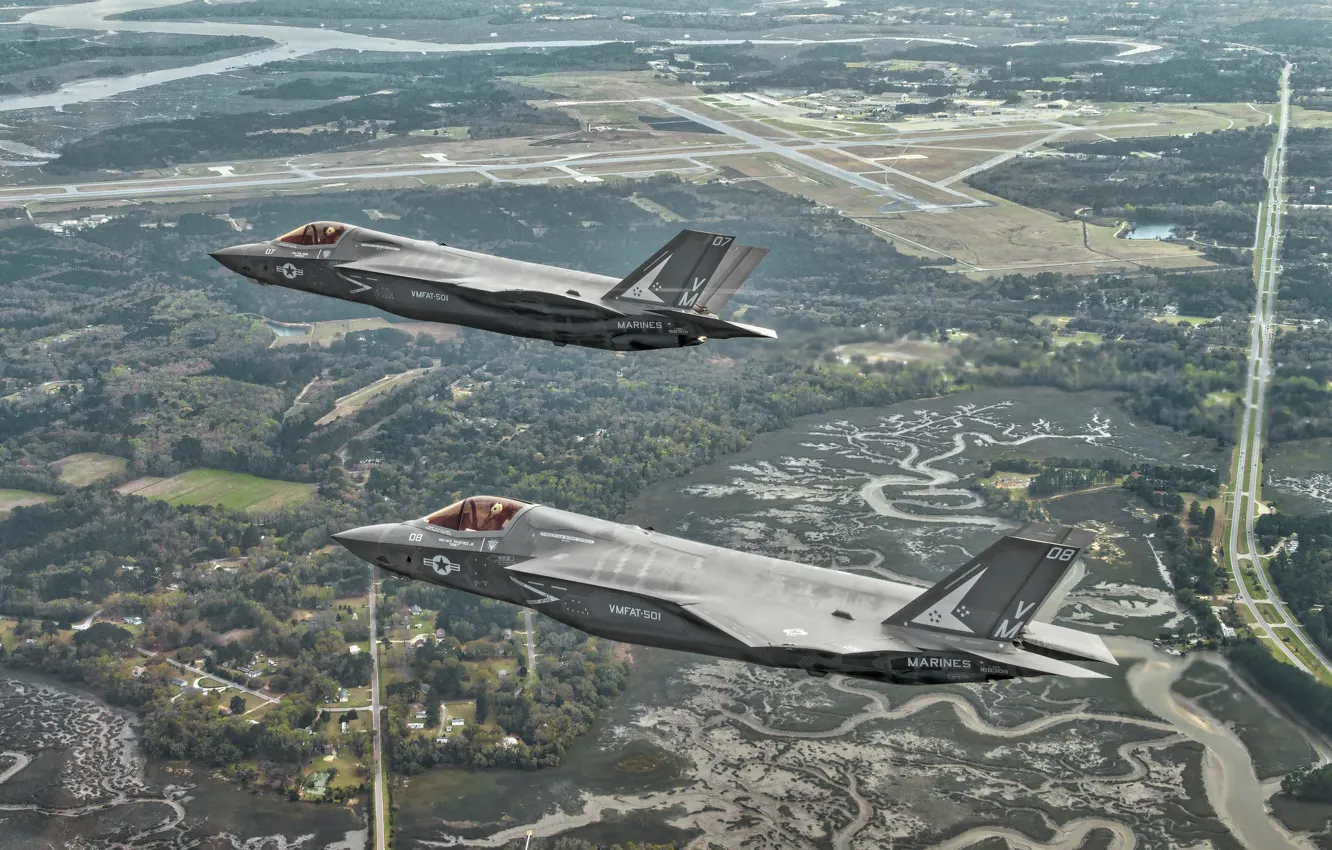 Photo wallpaper flight, landscape, fighter, bomber, Lightning II, F-35B