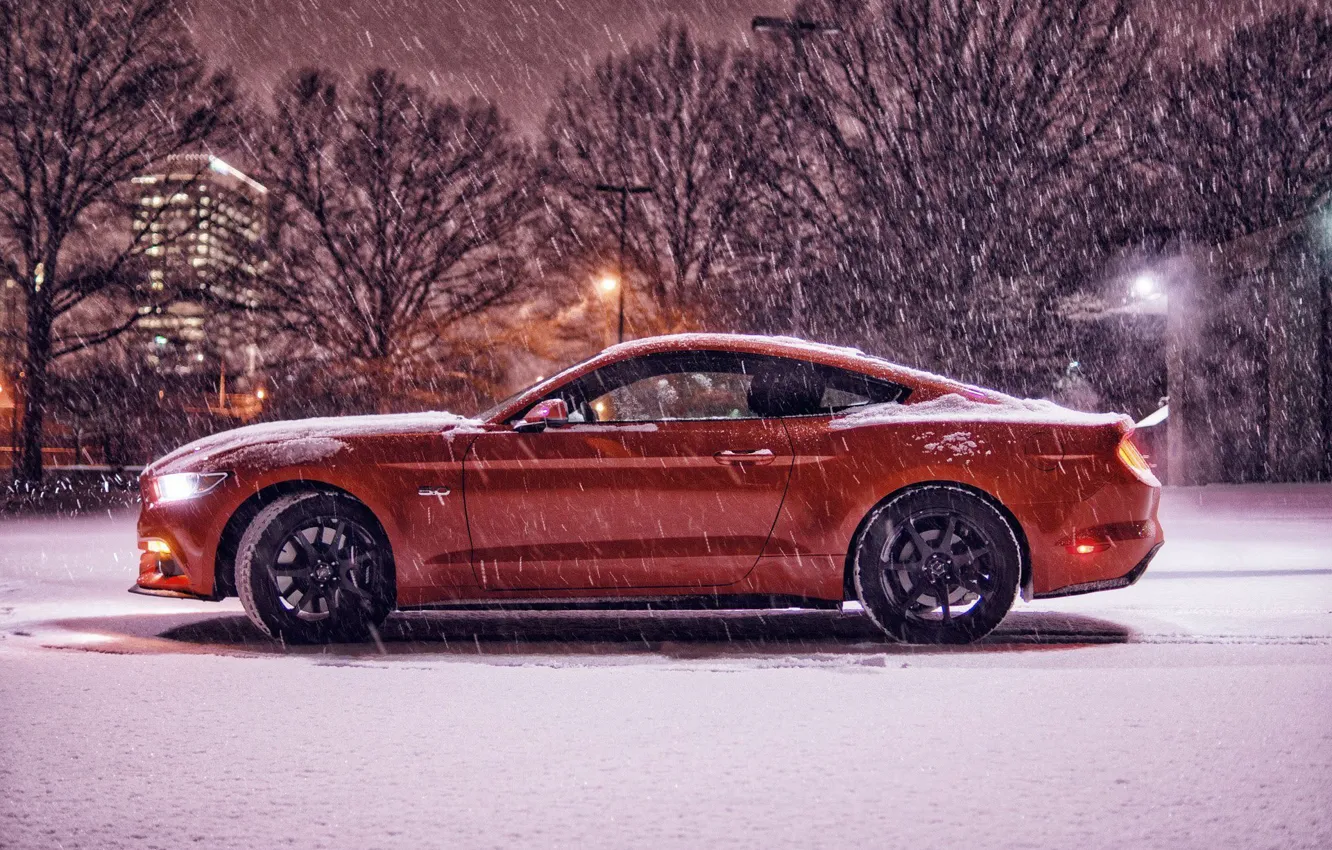 Photo wallpaper Mustang, Ford, Red, Winter, 2016