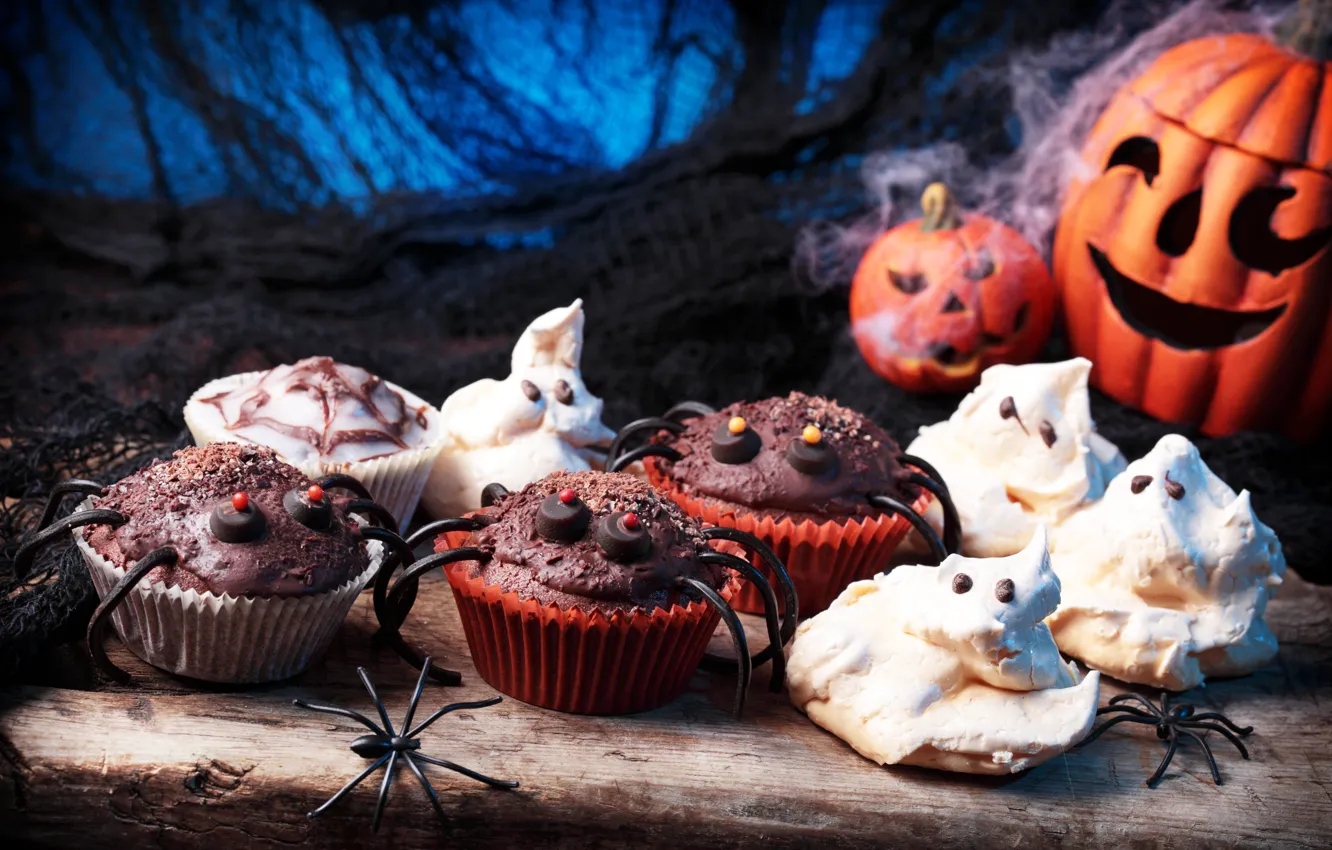 Photo wallpaper chocolate, spider, Halloween, pumpkin, Halloween, cake, chocolate, cupcakes