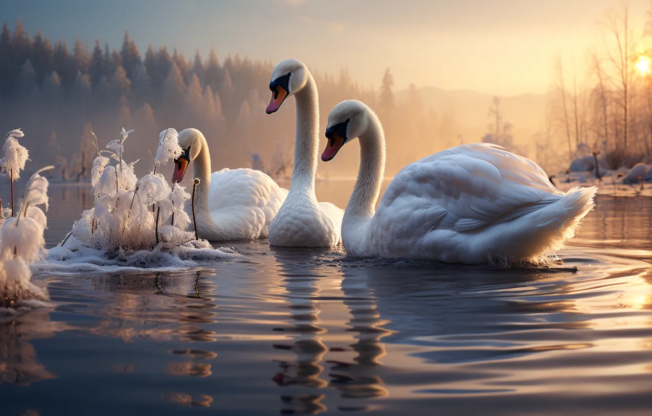 Photo wallpaper winter, frost, forest, light, snow, branches, fog, lake