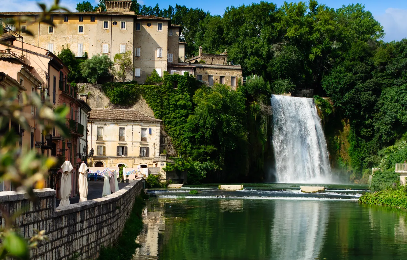 Photo wallpaper the city, river, building, waterfall, home, Italy, promenade, municipality