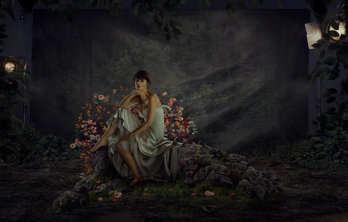 Photo wallpaper trees, flowers, pose, stones, twilight