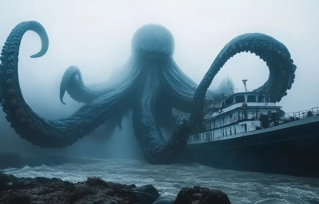 Photo wallpaper Sea, Fog, Ship, The tentacles, Coast, Digital art, Sea monster, AI art